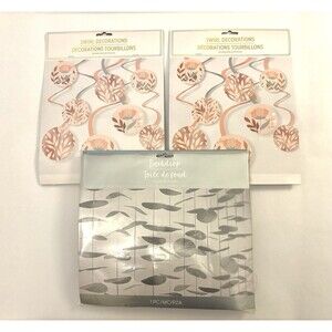Mix & Match Party Supply Lot- Rose Gold Floral Hanging Decorations Gray Backdrop